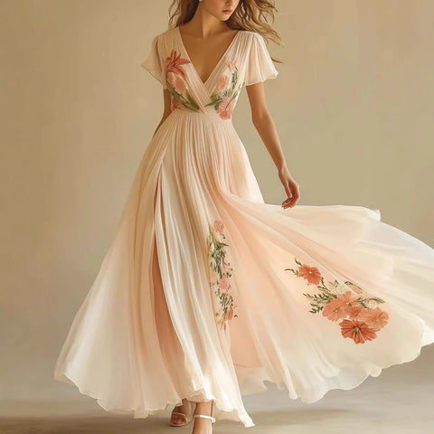 Women's V-neck Short-sleeved Digital Printing Positioning Long Dress