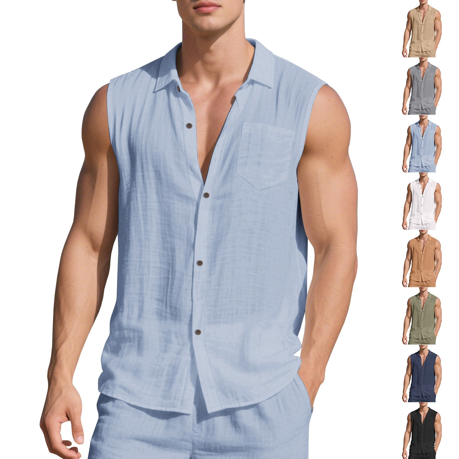 Sleeveless Linen Polo Collar Solid Colour Cardigan Beach Shirt Vest