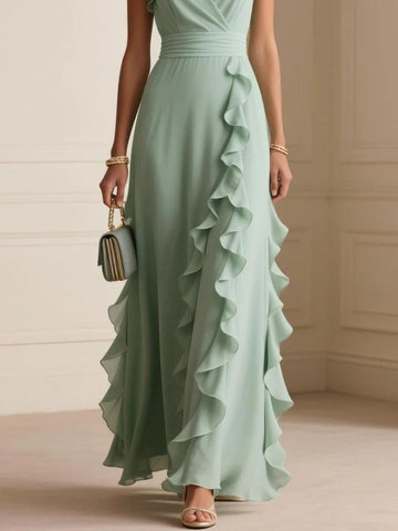 Solid Colour Pleated Short Sleeves V-neck Dress