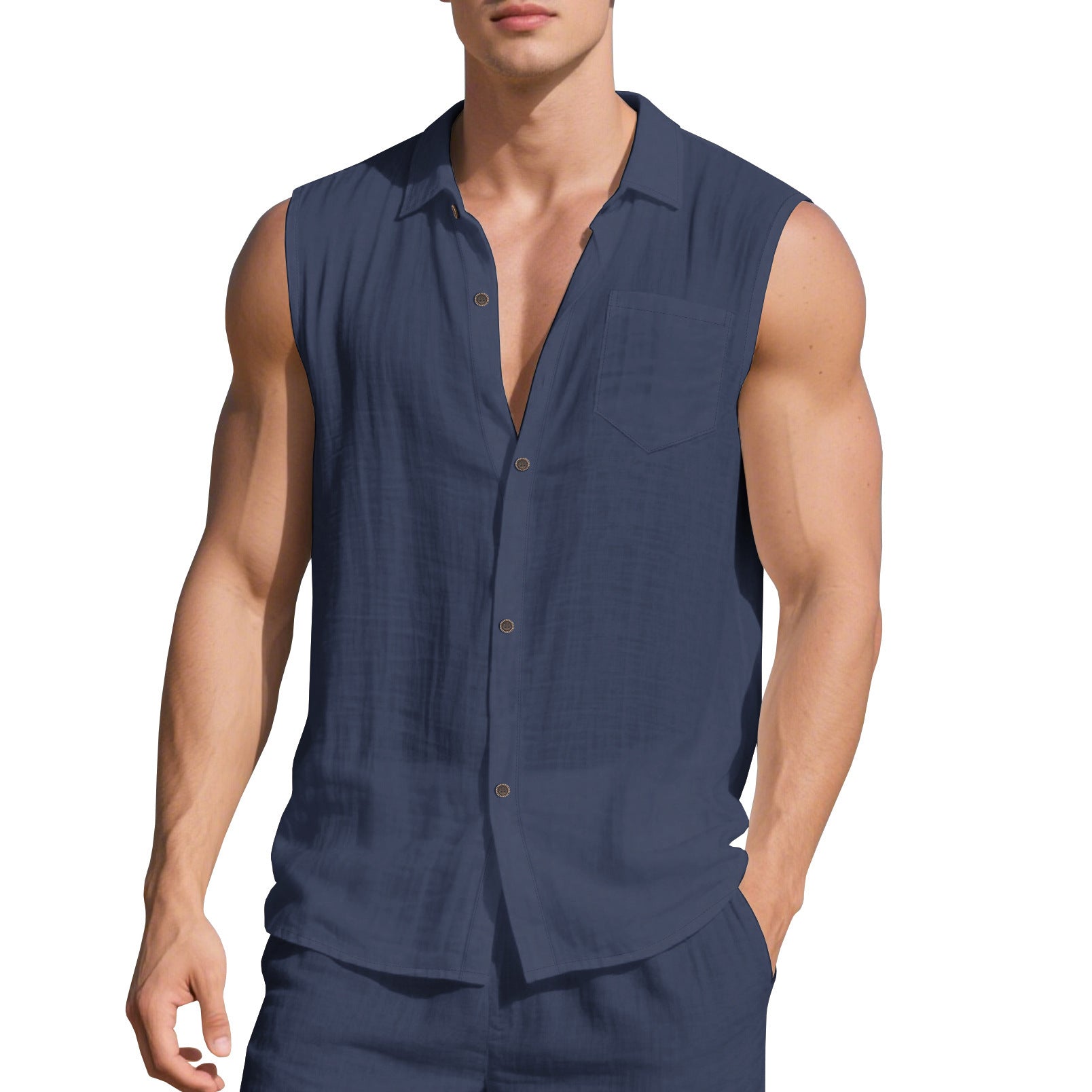 Sleeveless Linen Polo Collar Solid Colour Cardigan Beach Shirt Vest