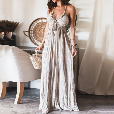 Summer New Solid Color Sexy Backless U-Collar Strap Back Long Dress