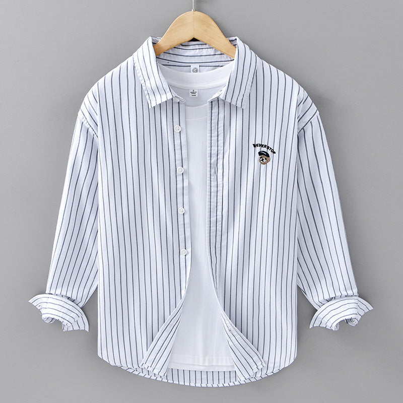 Casual Embroidered Striped Shirt Men&#039;s Clothing Simple All-match Japanese Style Spring And Autumn Cotton Long-sleeved Shirt Men&#039;s Trendy C11