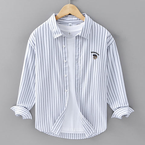 Casual Embroidered Striped Shirt Men&#039;s Clothing Simple All-match Japanese Style Spring And Autumn Cotton Long-sleeved Shirt Men&#039;s Trendy C11