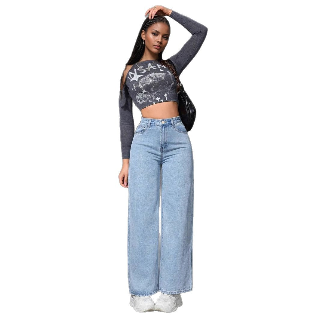Spring New Style Light-Colored Washed Loose Slimming Look Floor-Length Denim Pants Jeans