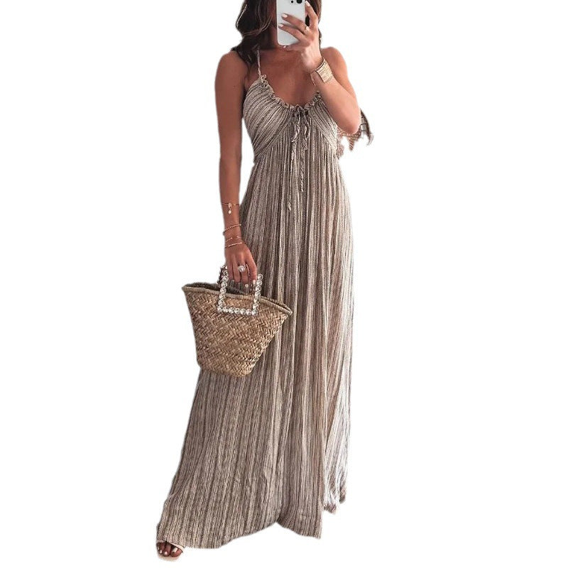 Summer New Solid Color Sexy Backless U-Collar Strap Back Long Dress