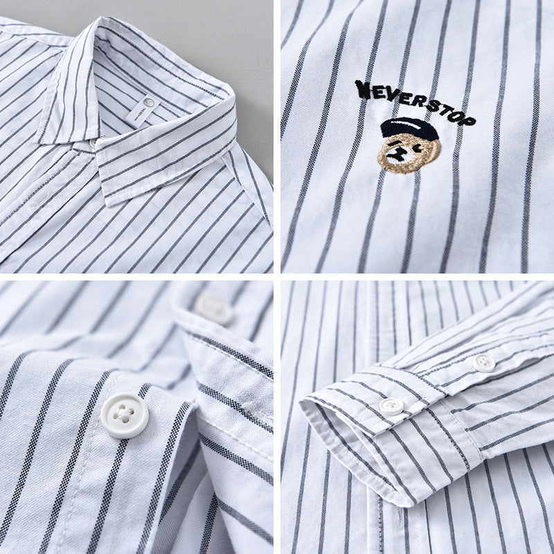 Casual Embroidered Striped Shirt Men&#039;s Clothing Simple All-match Japanese Style Spring And Autumn Cotton Long-sleeved Shirt Men&#039;s Trendy C11