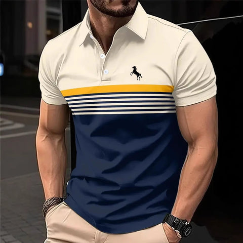 Men's Casual Striped Colour Block Design Sports Style Collar Golf Shirt