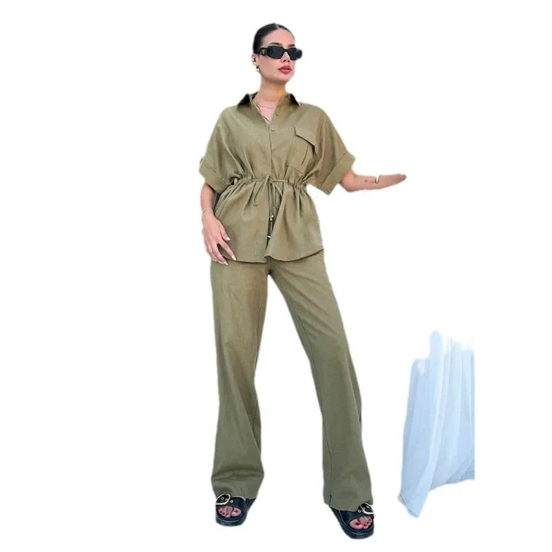 In Stock 2024 Summer New European And American Style Fashion Casual Suit Women&#039;s Workwear Drawstring Pocket Two-piece Women&#039;s Clothing
