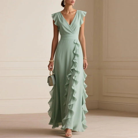 Solid Colour Pleated Short Sleeves V-neck Dress