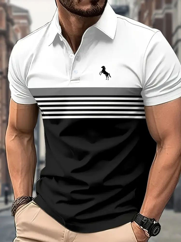 Men's Casual Striped Colour Block Design Sports Style Collar Golf Shirt
