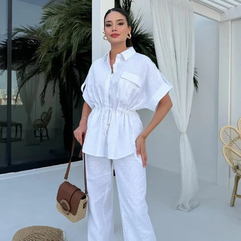 In Stock 2024 Summer New European And American Style Fashion Casual Suit Women&#039;s Workwear Drawstring Pocket Two-piece Women&#039;s Clothing