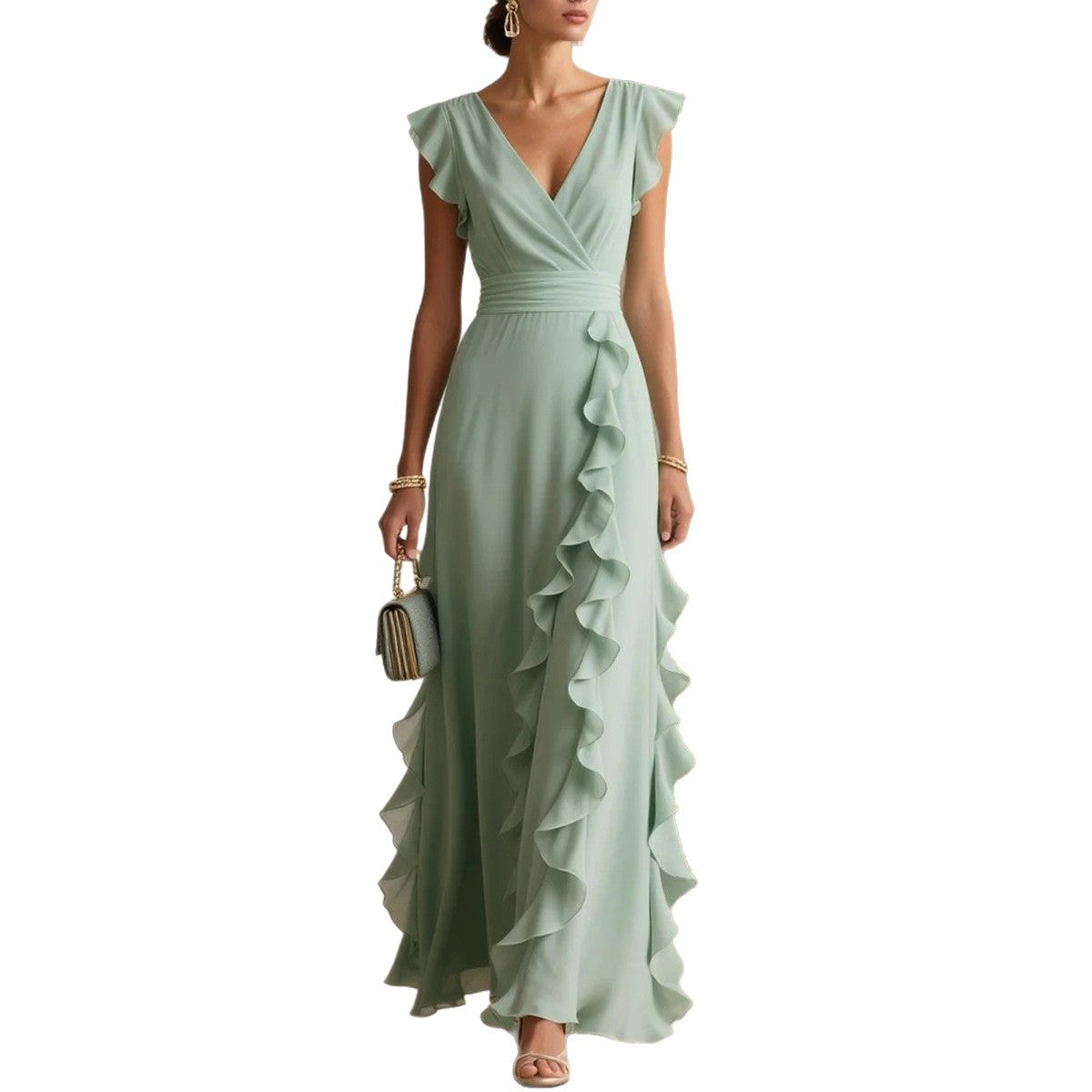 Solid Colour Pleated Short Sleeves V-neck Dress