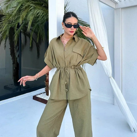 In Stock 2024 Summer New European And American Style Fashion Casual Suit Women&#039;s Workwear Drawstring Pocket Two-piece Women&#039;s Clothing