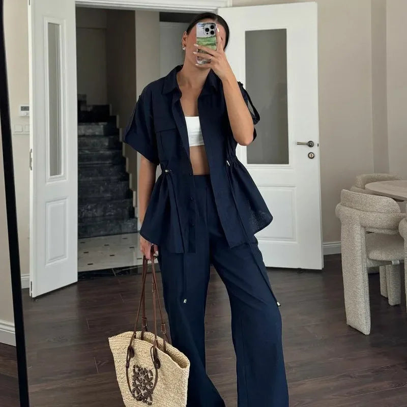 In Stock 2024 Summer New European And American Style Fashion Casual Suit Women&#039;s Workwear Drawstring Pocket Two-piece Women&#039;s Clothing