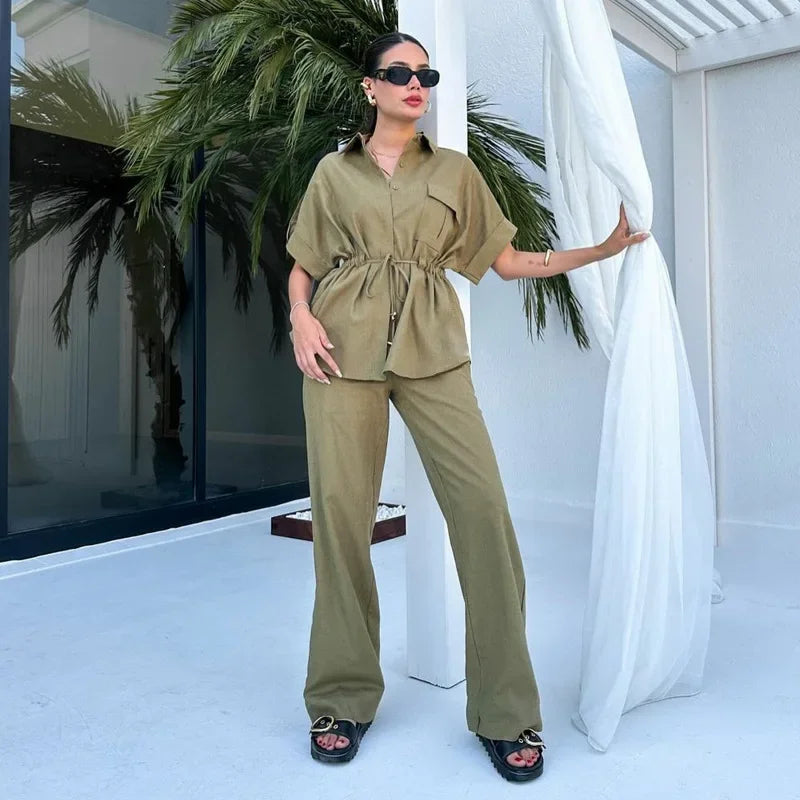 In Stock 2024 Summer New European And American Style Fashion Casual Suit Women&#039;s Workwear Drawstring Pocket Two-piece Women&#039;s Clothing