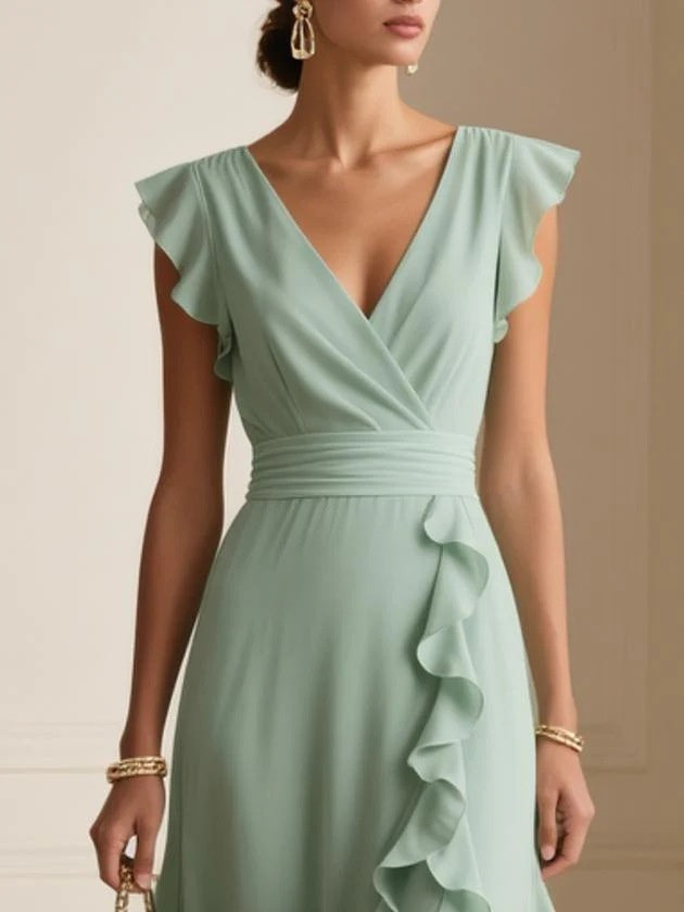 Solid Colour Pleated Short Sleeves V-neck Dress