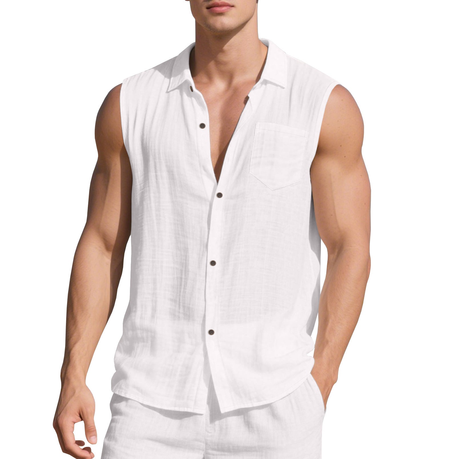 Sleeveless Linen Polo Collar Solid Colour Cardigan Beach Shirt Vest