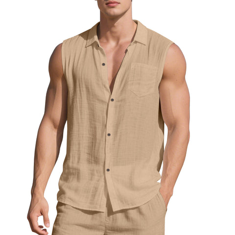 Sleeveless Linen Polo Collar Solid Colour Cardigan Beach Shirt Vest